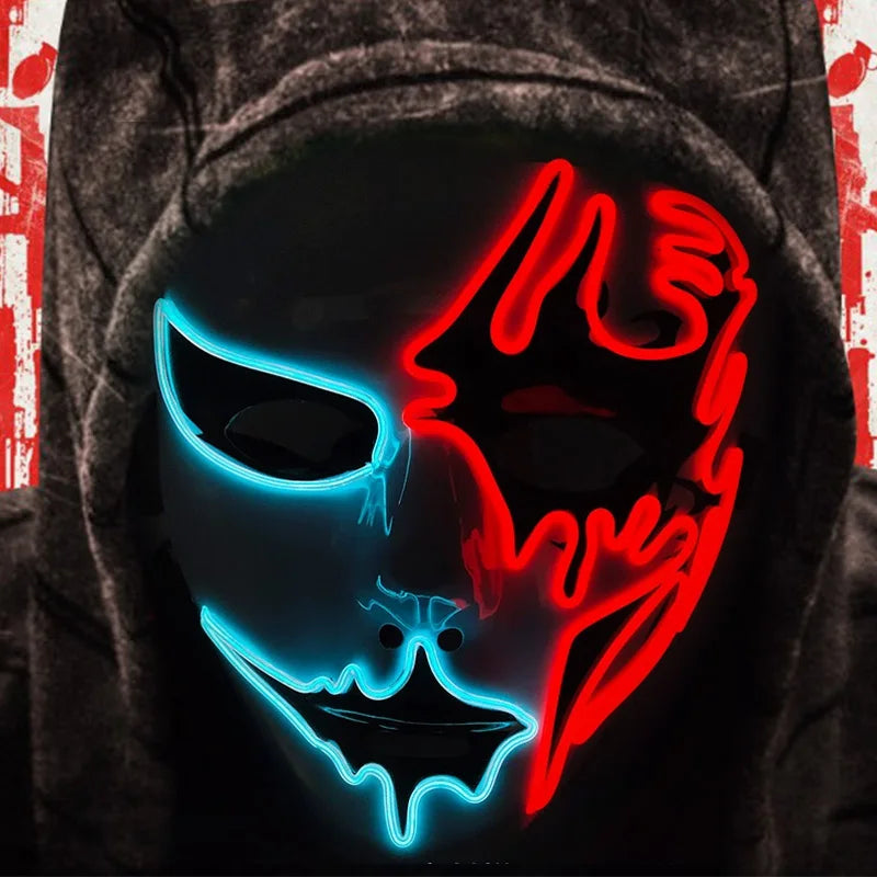 Maschera cosplay luminosa diabolica con effetti glowing, perfetta per Halloween, horror e eventi horror, marca Otaku Family Store.