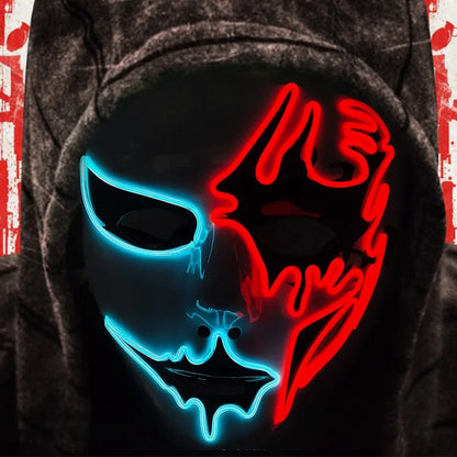 Maschera cosplay luminosa diabolica con effetti glowing, perfetta per Halloween, horror e eventi horror, marca Otaku Family Store.
