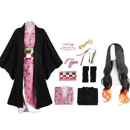 Costume cosplay Kimetsu no Yaiba Kamado Nezuko con kimono, parrucca e dettagli per fandom Demon Slayer, stile autentico.