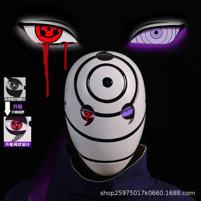 Maschera cosplay Uchiha Obito Sharingan Akatsuki Naruto, dettagliata maschera in tessuto nero con simboli rossi e occhio Sharingan
