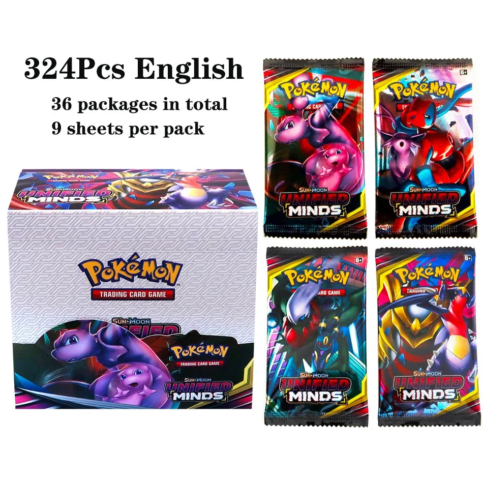 Lotto di 36 buste di carte Pokémon TCG in inglese, con immagini di Pokémon colorati e dettagliati, scatola display.