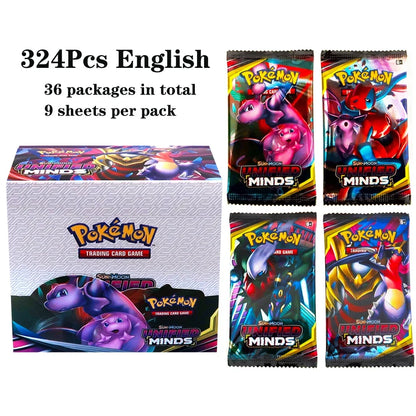 Lotto di 36 buste di carte Pokémon TCG in inglese, con immagini di Pokémon colorati e dettagliati, scatola display.