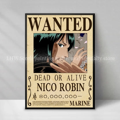 Figura d'azione One Piece Anime Wanted Notice giallo, decorazione murale di alta qualità, stile dettagliato e vibrante.