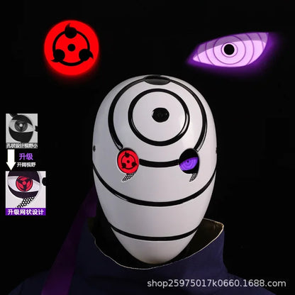 Maschera cosplay Uchiha Obito Sharingan Akatsuki Naruto, maschera in tessuto con dettagli realistici, ideale per cosplay e eventi.
