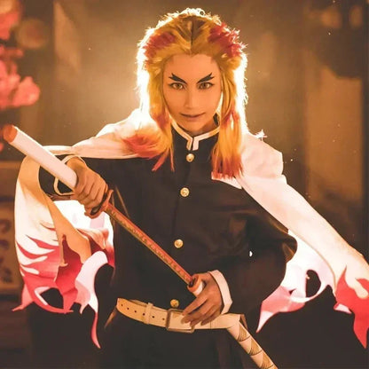 Costume cosplay di Rengoku Kyojuro di Demon Slayer Kimetsu no Yaiba, completo di abito e parrucca per adulti e bambini, stile anime.