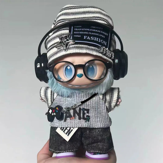 Cappello per bambino Labubu 15-17cm in tessuto grigio con stelle, abbigliamento per bambole in vinile della 123ª generazione.