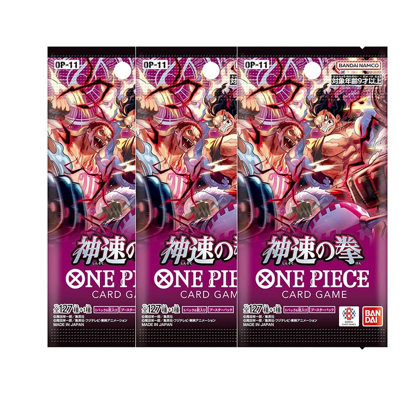Pacchetto di carte da gioco One Piece Booster Pack OP01-OP12 di Otaku Family Store, mostra le carte colorate e illustrazioni di personaggi.