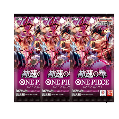 Pacchetto di carte da gioco One Piece Booster Pack OP01-OP12 di Otaku Family Store, mostra le carte colorate e illustrazioni di personaggi.