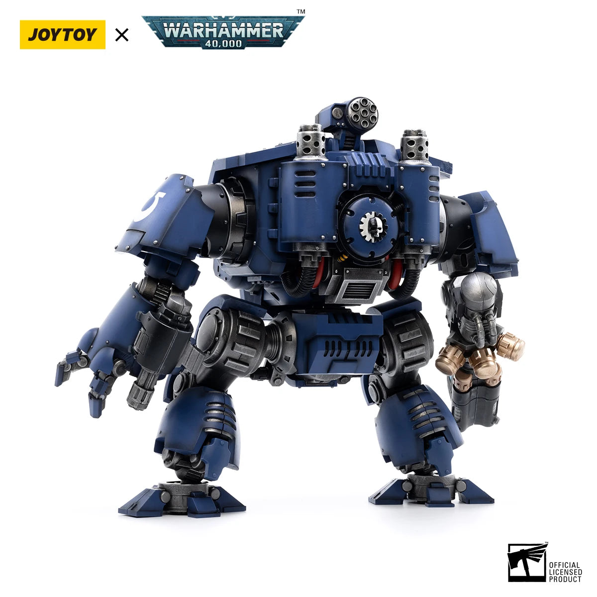 Action figure Warhammer 40K Ultramarines Redemptor Dreadnought Brother Tyleas, modello in scala 1/18 con dettagli realistici.