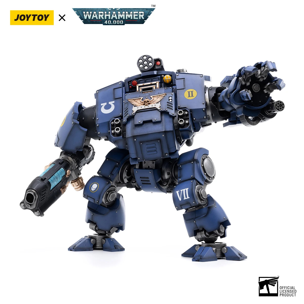 Figura d'azione Warhammer 40K Ultramarines Redemptor Dreadnought Brother Tyleas, modello 1/18, con dettagli realistici e armatura.