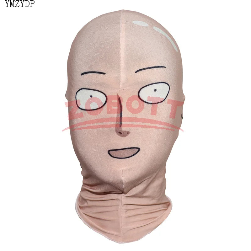 Costume cosplay di Saitama da One Punch Man con tuta, mantello, maschera e accessori, ideale per cosplay e occasioni speciali