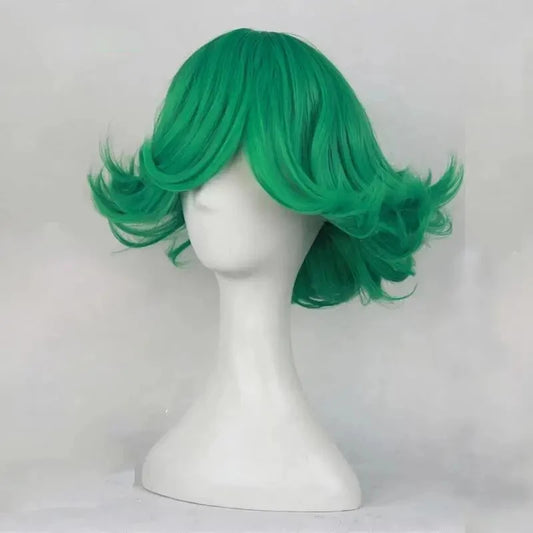 Parrucca cosplay Senritsu no Tatsumaki di One Punch Man, riccioli corti ondulati resistenti al calore, colore verde brillante.