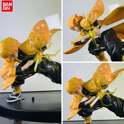 Action figure anime Demon Slayer con Tanjirou, Zenitsu e Kyoujurou, marca BANDAI, dettagli vivaci e posa dinamica.