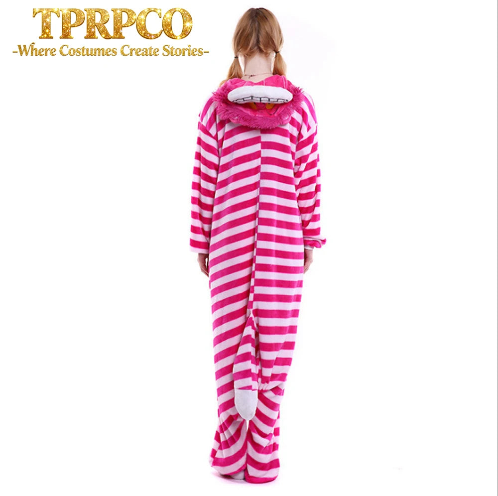 pigiama invernale per adulti con fantasia di Cheshire Cat in stile cosplay, morbido e colorato, ideale per il relax e il comfort.