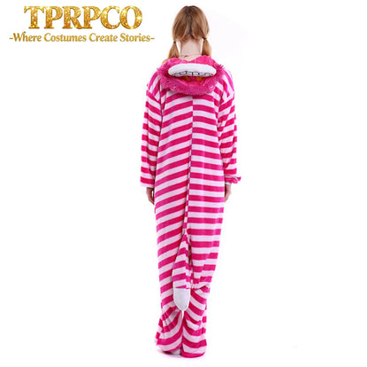 pigiama invernale per adulti con fantasia di Cheshire Cat in stile cosplay, morbido e colorato, ideale per il relax e il comfort.