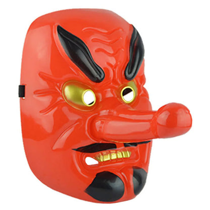 Maschera tradizionale giapponese in plastica Tengu rosso, maschera da samurai e cosplay per feste e mascherate, dettagli colorati.