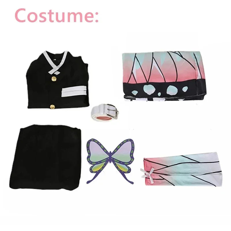 Costume cosplay Demon Slayer Kimetsu no Yaiba Kochou Shinobu con kimono, parrucca e accessori, ideale per Halloween e eventi cosplay.