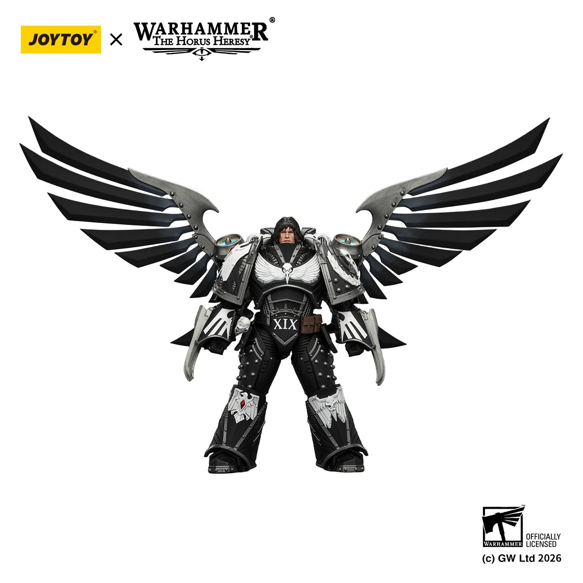 Action figure Corvus Corax della Warhammer Horus Heresy in scala 1/18, dettagliata figura Raven Guard in posa.