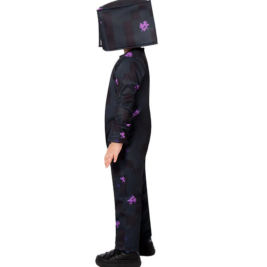 Costume cosplay Enderman bambino nero deluxe, perfetto per Halloween e feste a tema zombie, in tessuto nero con dettagli caratteristici.