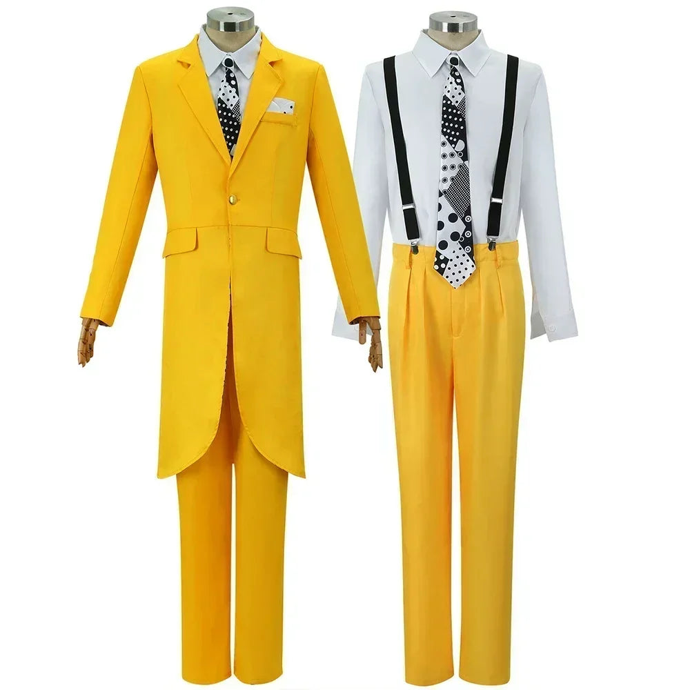 Costume cosplay Jim Carrey con maschera verde e uniforme gialla, ideale per Halloween, unisex, per adulti e bambini.