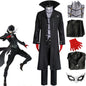 Costume cosplay completo di Persona 5 Joker, giacca nera, parrucca, guanti e maschera, ideale per cosplay e eventi a tema.