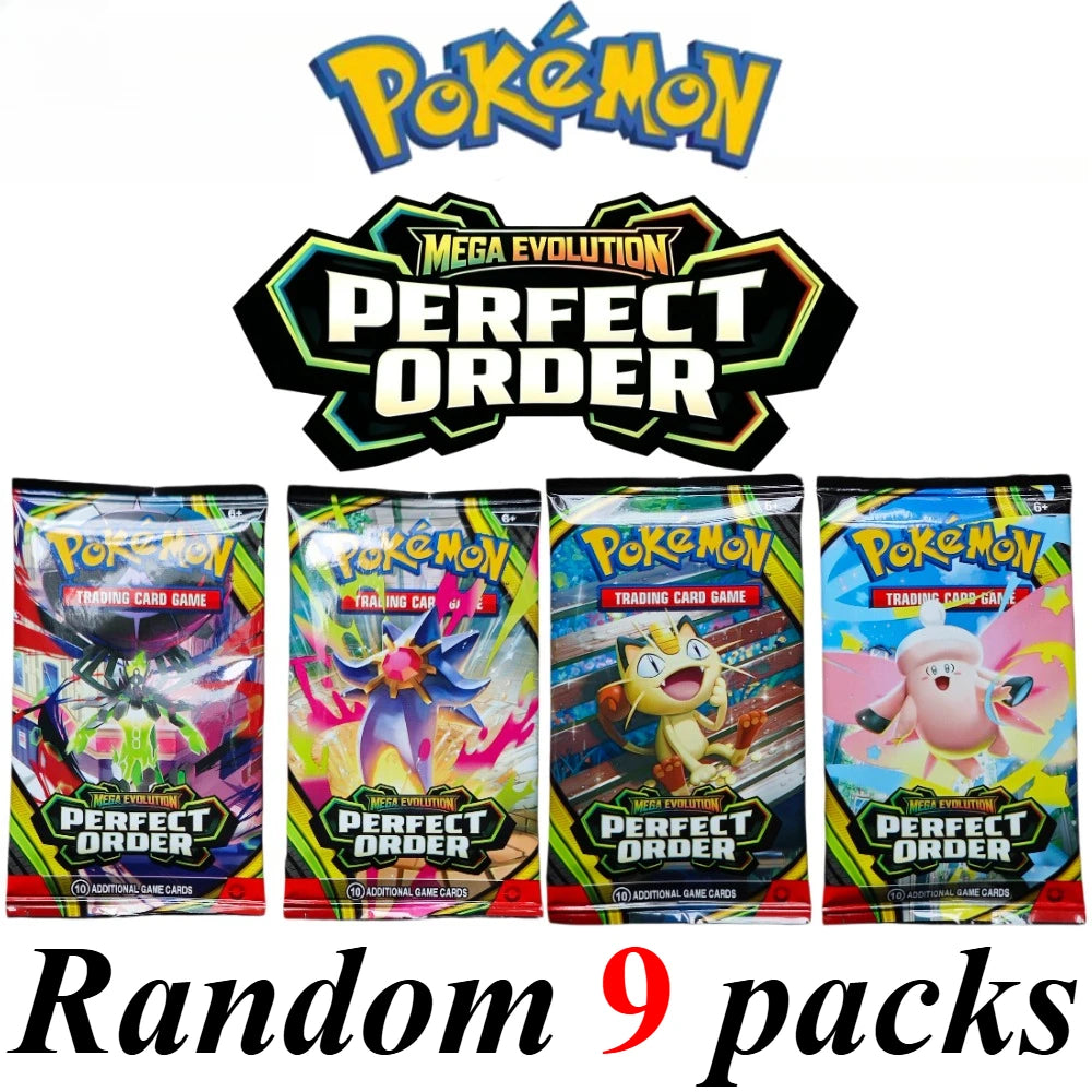 Booster box di carte Pokémon Mega Evolution PERFECT ORDER Series con packaging colorato e illustrazioni di Pokémon sul fronte
