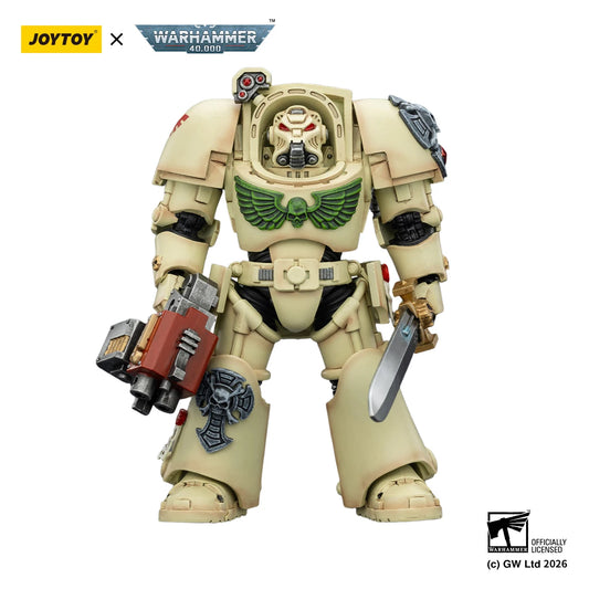 Action figure Warhammer 40K Dark Angels Deathwing Terminator 1/18 in posa, con dettagli di armatura e armi.