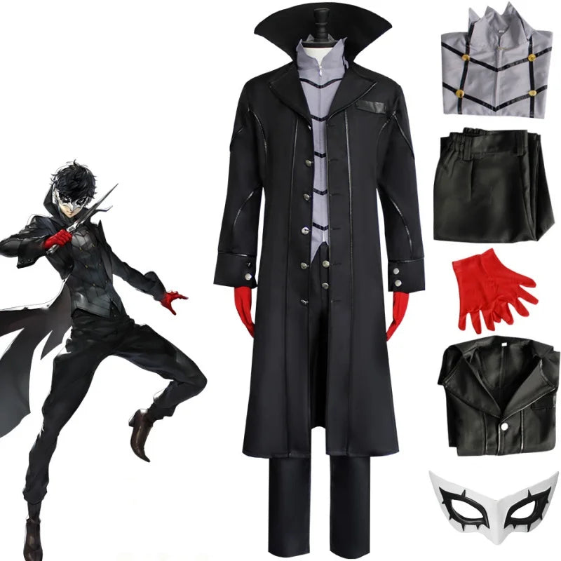 Costume cosplay completo di Joker Persona 5, con cappotto nero, parrucca, maschera e guanti, ispirato al gioco anime.