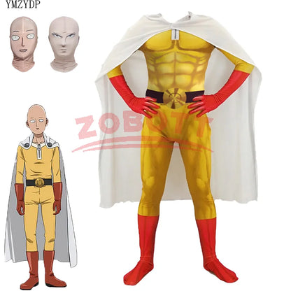 Costume cosplay di One Punch Man Saitama con tuta, cappuccio, maschera e accessori, ideale per Halloween e cosplay anime.