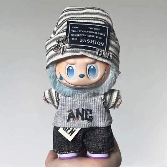 Cappello per bambino Labubu 15-17cm in tessuto grigio con stelle, abbigliamento per bambole Vinile Hope, stile coreano.