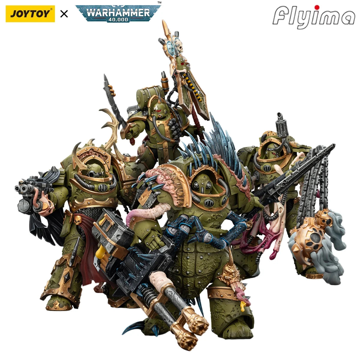Action figure Warhammer 40K Abaddon the Despoiler e Death Guard in armor primus, modello 1/18, con tre pezzi e dettagli ricchi.