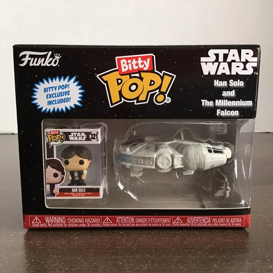 Figuccia Funko Pop Rides di Han Solo e Millennium Falcon, dettagli colorati e iconici della saga Star Wars in stile cartone animato