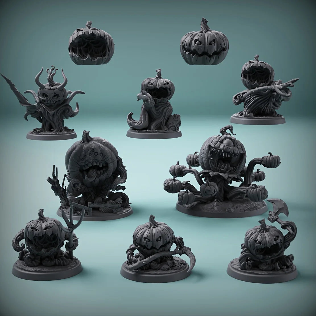 Miniature di 10 mostri zucca in resina per Halloween, perfetti come gadget e regali per giochi di ruolo tabletop.