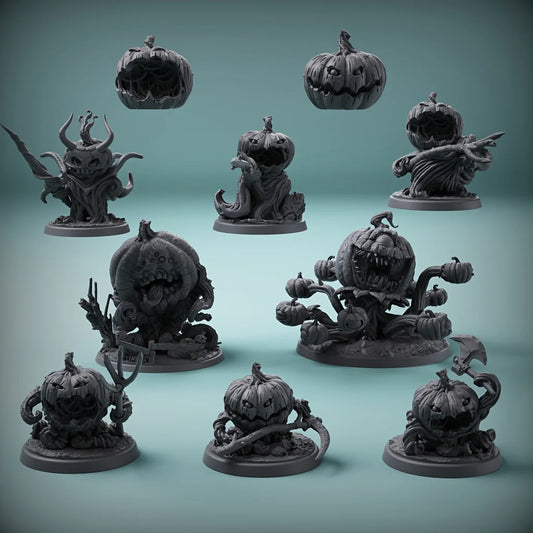 Miniature di 10 mostri zucca in resina per Halloween, perfetti come gadget e regali per giochi di ruolo tabletop.