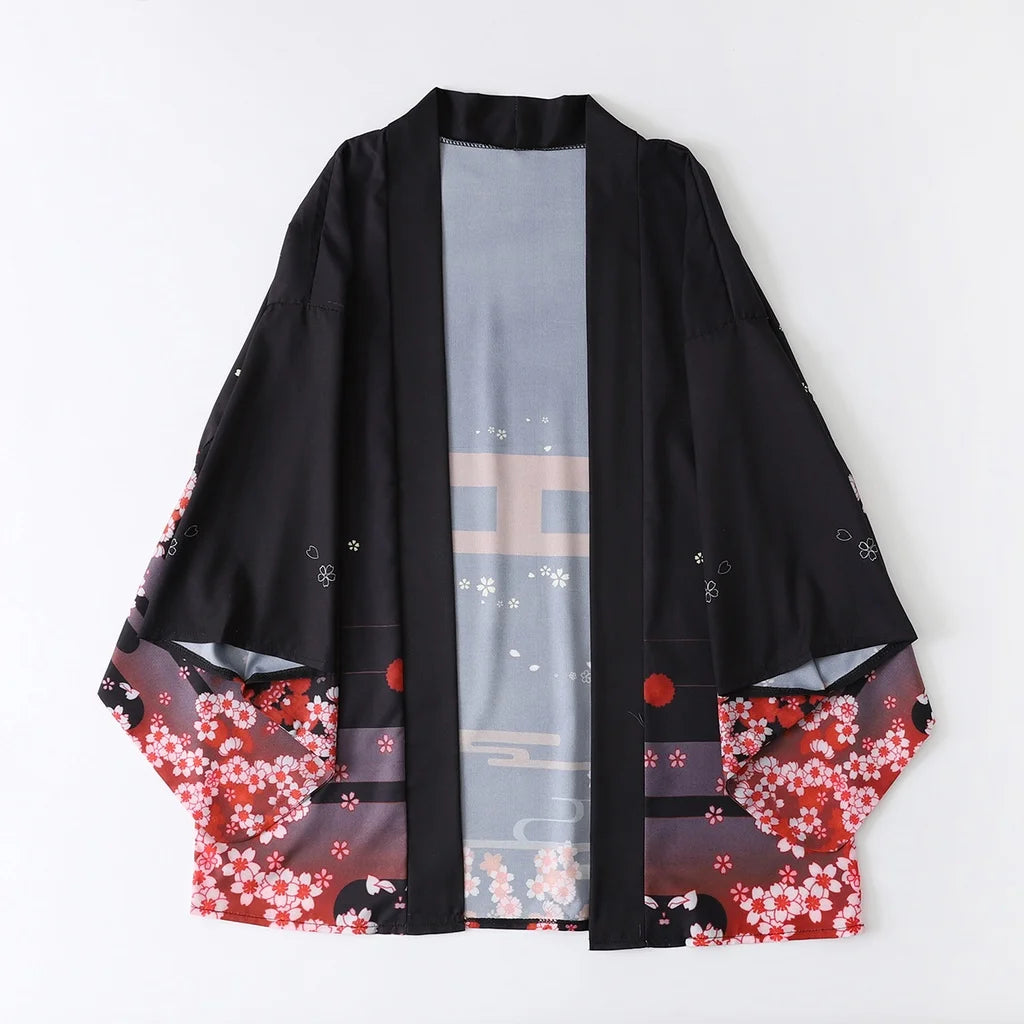 Kimono estivo da donna con stampa volpe, cardigan in stile streetwear, ispirato a cosplay giapponese, con dettagli tradizionali.