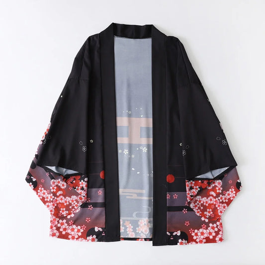 Kimono estivo da donna con stampa volpe, cardigan in stile streetwear, ispirato a cosplay giapponese, con dettagli tradizionali.