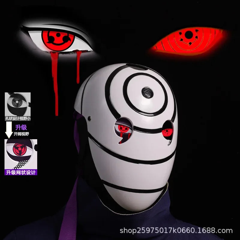 Maschera cosplay Uchiha Obito Sharingan Akatsuki Naruto, in tessuto nero con dettagli rossi e simbolo Akatsuki, ideale per cosplay.
