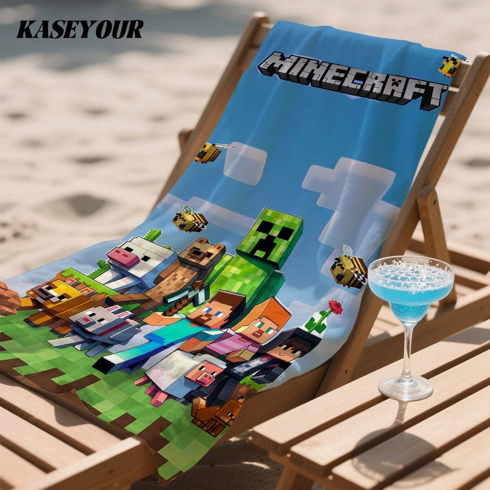 Asciugamano mare Minecraft in microfibra ultra assorbente con design a blocchi e personaggi, ideale per spiaggia e piscina.