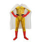 Costume cosplay One Punch Man Saitama con tuta, mantello e maschera, ideale per Halloween e feste anime.