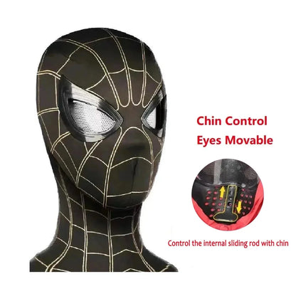 Maschera di Spider-Man con occhi mobili e telecomando, costume cosplay in tessuto spandex di Otaku Family Store Online.
