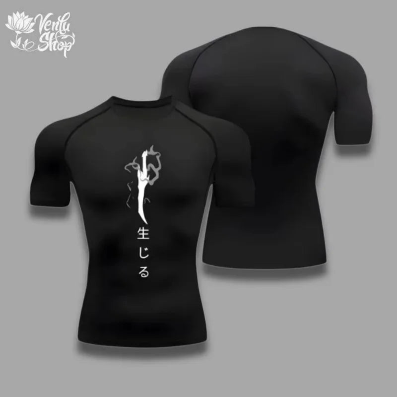 Maglietta compressiva Jin Woo Solo Leveling Anime Muscleshirt sportivo, con dettagli grafici e stampa del personaggio Jin Woo.