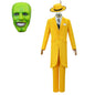 Costume cosplay di Jim Carrey con maschera verde e uniforme gialla, ideale per Halloween e performance, per adulti unisex.