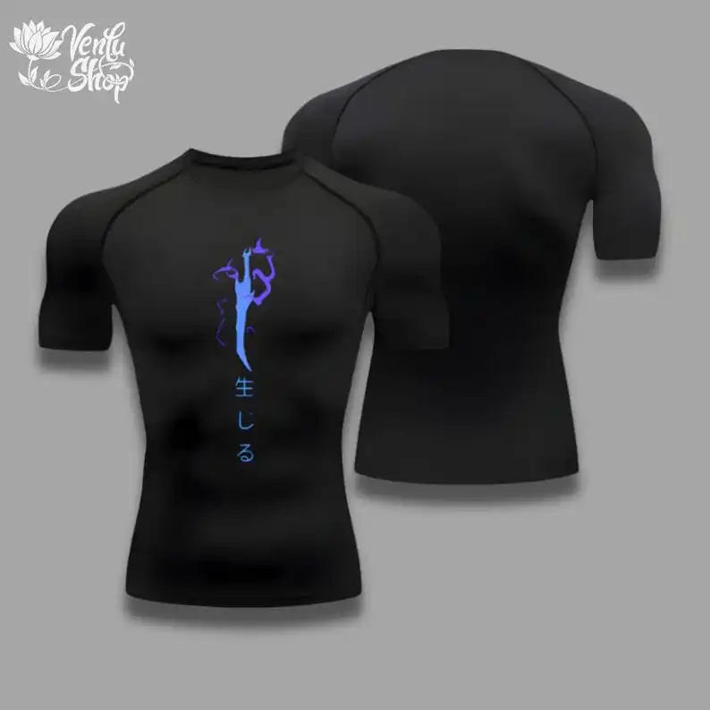 Maglietta Jin Woo Compression Shirt Solo Leveling Anime Muscleshirt sportwear con stampa dettagliata, tessuto elasticizzato e stile sportivo.