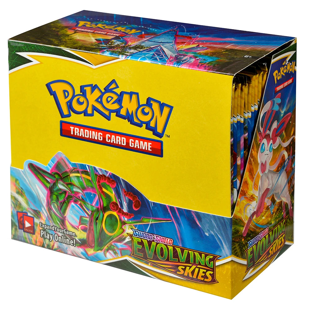 Scatola di carte Pokémon TCG: Evolutions con 36 bustine, 360 pezzi, mostra le carte Pokémon e i dettagli delle confezioni.
