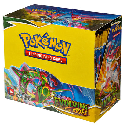 Scatola di carte Pokémon TCG: Evolutions con 36 bustine, 360 pezzi, mostra le carte Pokémon e i dettagli delle confezioni.