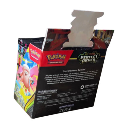 Pacchetto di carte Pokémon Mega Evolution PERFECT ORDER Series, bundle di booster box, con carte illustrate e dettagli di gioco.