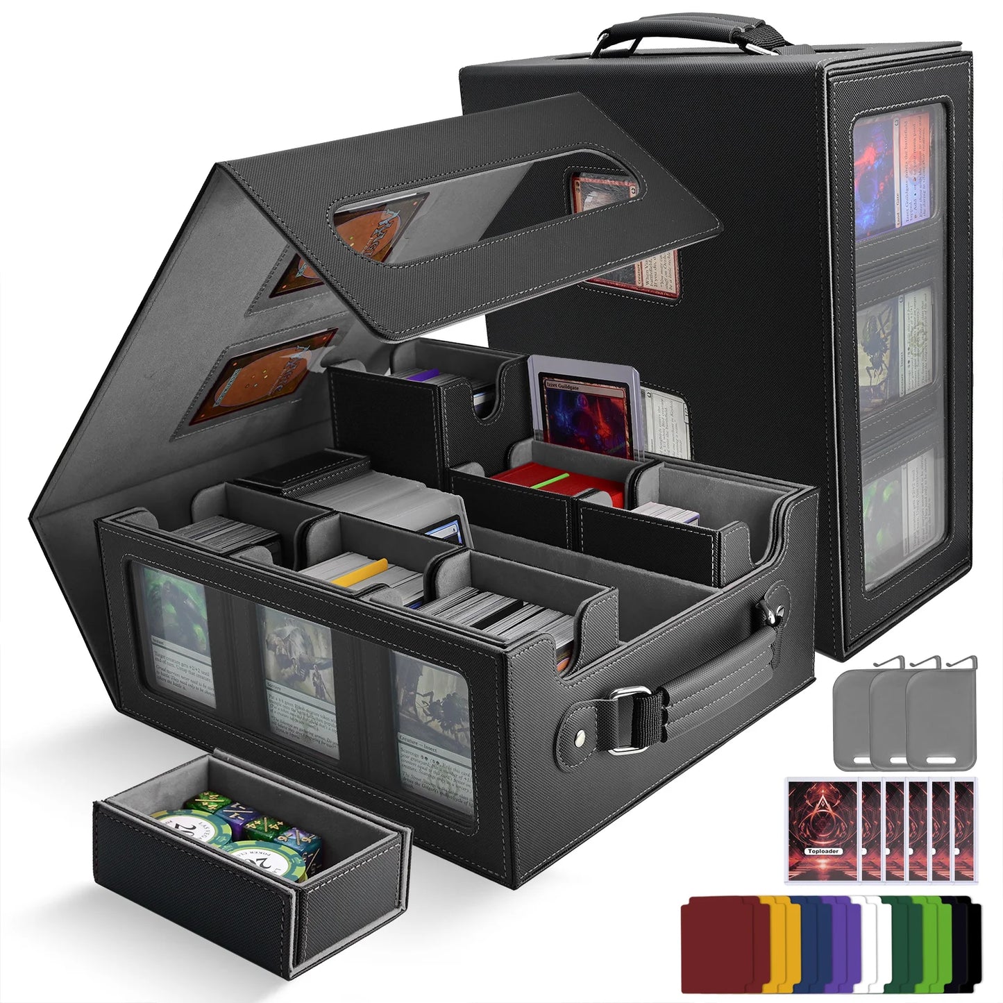 Box porta carte da gioco Otaku Family Store 7-in-1 con maniglia, include 8 toploaders e 2 fermagli, ideale per deck di carte da trading.