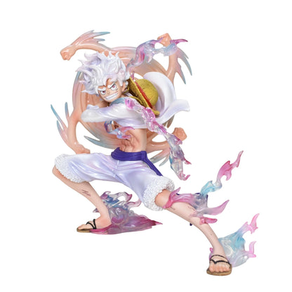 Figura action One Piece Luffy Gear 5, altezza 19 cm, personaggio di Luffy con dettagli vivaci e postura dinamica.