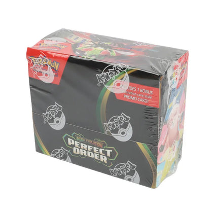 Booster box di carte Pokémon TCG Mega Evolution Perfect Order Edition, scatola con confezione di carte in inglese.