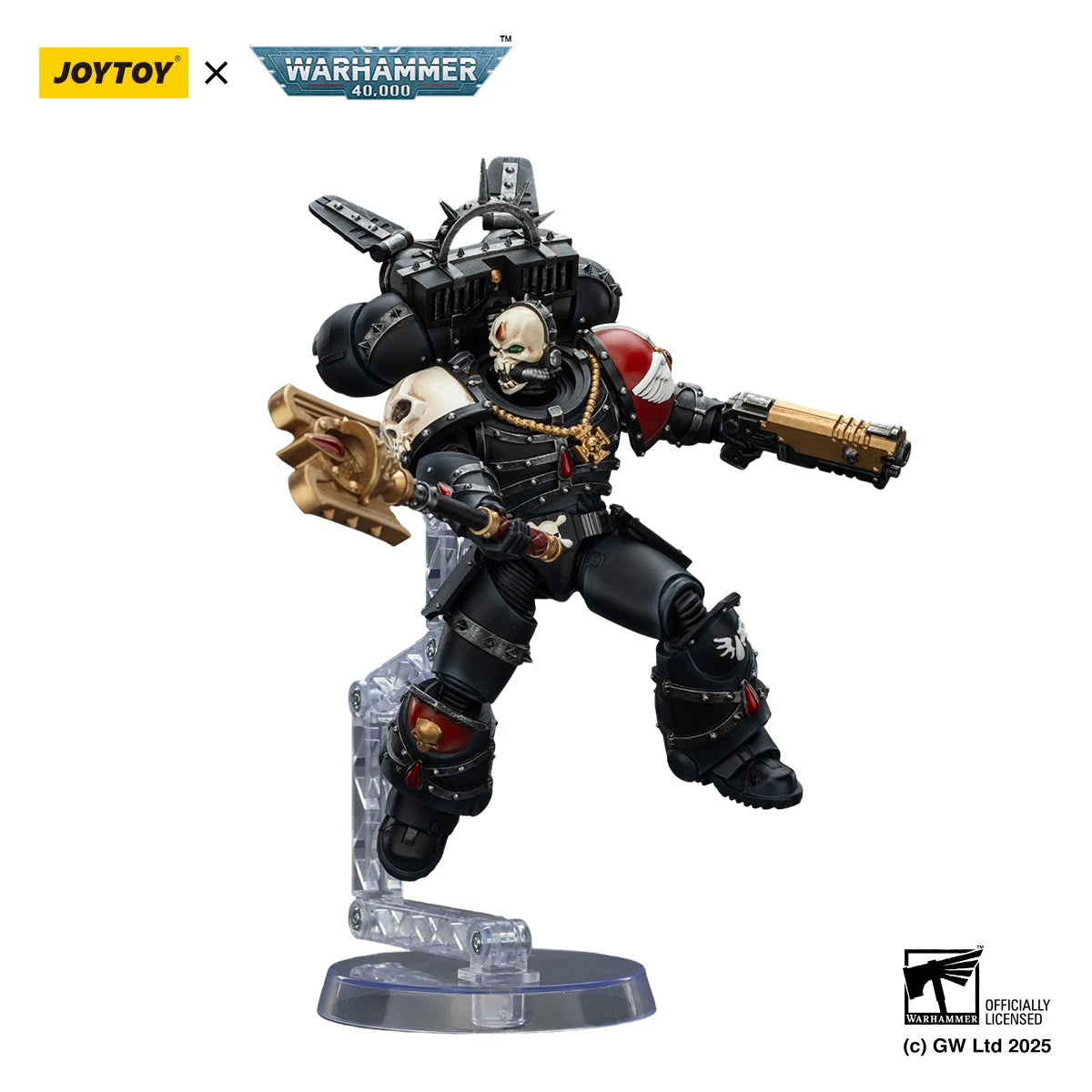 Figura d'azione Warhammer 40k Blood Angels Lemartes con jump pack, crozius e pistola bolt, dettagliata e realistica.